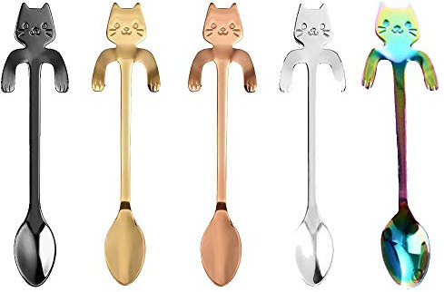 Katze Kaffee Löffel, 5 Stück Edelstahl Hängen Kaffee Teelöffel, Mini Kätzchen Design Rührlöffel für Wasser, Tee, Milch, Kaffee, Dessert, Drink, Milchshake (5 Farben)