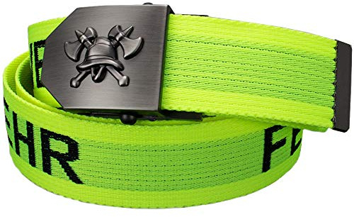 Feuerwehr-Gürtel Neongelb | Emblem Flaschenöffner in Gürtel-Schnalle | Feuerwehr-Edition schwarze Schrift Signet | universal verstellbar 150cm | Männer Herren Frauen Damen Kinder | Einsatz Koppel