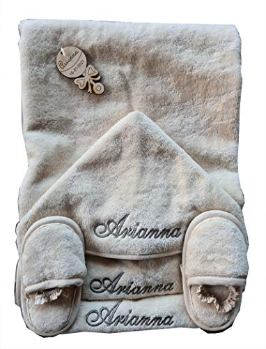 Asciugamano Accappatoio Poncho con cappuccio neonati in spugna Colore Ecru PERSONALIZZATO 1 paio ciabattine e 2 bavaglie IDEA REGALO NASCITA Ciondolo in legno personalizzato OMAGGIO