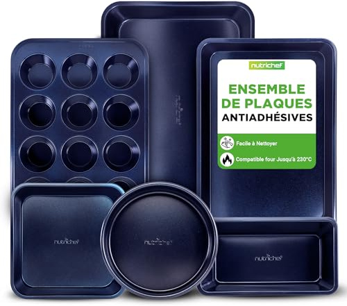 Nutrichef bandejas horno, Set de 6, Incluye: bandejas para galletas, Para asar, Molde para magdalenas, Pan y pasteles, Mangos de silicona, Apilables, Acero al carbono resistente, Antiadherente
