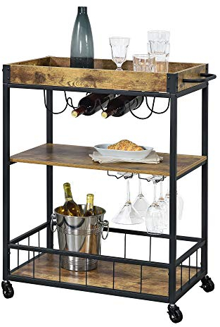 [en.casa] Servierwagen mit Flaschen- und Glashalter Beistellwagen 89,5x67x40cm Allzweckwagen Rollwagen schwarz/holzfarben