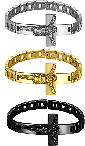 JewelryWe Herren Kreuz Armband Armreif, Edelstahl Jesus Christus Kreuz Kruzifix Biker Link Handgelenk Armspange Geschenk Silber Gold Schwarz