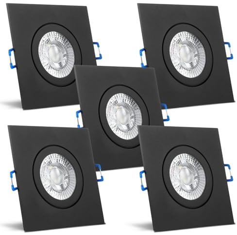 trendlights24 Mare IP44 Bad LED Einbaustrahler 230V Schwarz eckig 3 Stufen dimmbar ultra flach 35 mm 5er Set 5W Warmweiß Deckenleuchten für Feuchtraum