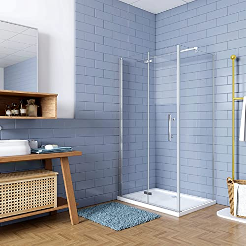 195cm Box Doccia Angolare Porta Battente Pieghevole con Parete Fissa 100x80cm in Vetro Temperato 6 mm Anticalcare Barra Stabilizzatrice da 140 cm Cromo Lucido