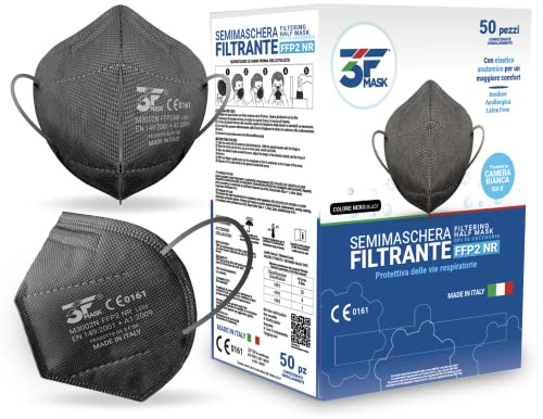 3fmask 50 FFP2 Certificate CE Made in Italy - 4 Strati, Imbustate Singolarmente - Confortevoli FFP2 Nere a Coppa