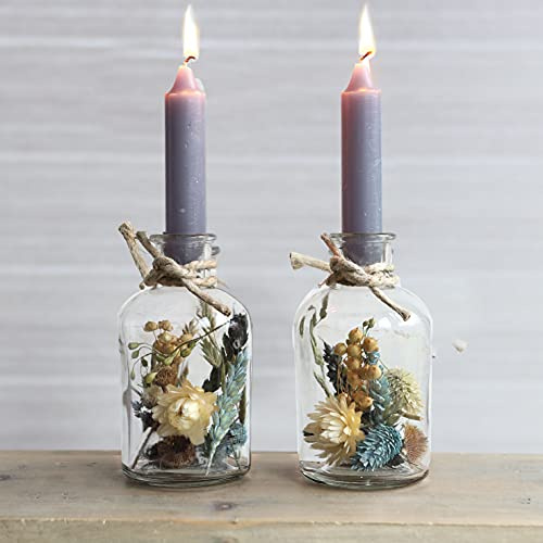 comforder Trockenblumen im Glas mit Kerzen, Kerzenhalter (Blaugrau) | Getrocknete Blumen Deko, 2 Stück, Vase mit ewigen Blumen, natürlich getrocknet, Geschenk für Frauen