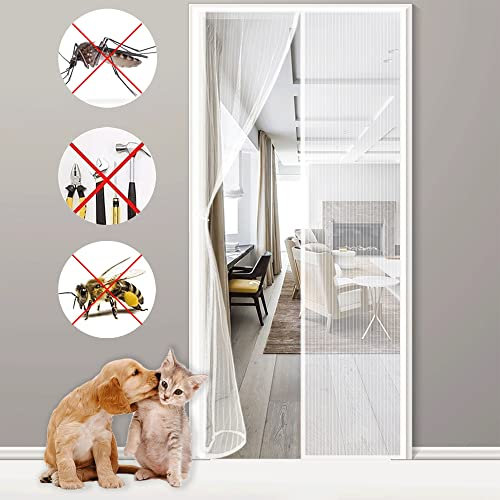 Magnetic Fly Screen Mesh for Door, 85x200cm NO Gap Powerful Magnetic Full Frame Adhersive Strip,Insect Protection Door Net for Balcony Entrance Doors Patio White