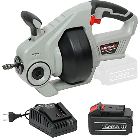 Dino KRAFTPAKET 18V-450W Akku Rohrreiniger elektrisch mit Rohrreinigungsspirale im Set mit 4Ah Akku und 4A Ladegerät Rohrreinigungsgerät geeignet für Rohrdurchmesser 19-76m