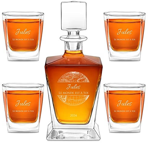 Maverton Ensemble de Carafe et 4/6 Verres à personnaliser - 0,8l Décanteur Whiskey + 2/4/6 Verres de 250ml - Souvenir pour homme - Service à Whisky pour lui - pour anniversaire - globe