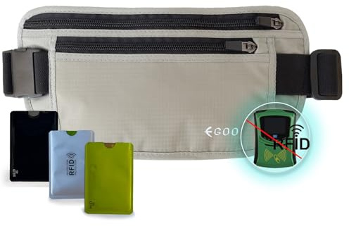EGOO - Ultralight RFID Money Belt with Adjustable Elastic Strap for Travel Hidden Security Waist Money Pouch with Multi-Pocket + 3 RFID Card Protector Sleeve (Grey)