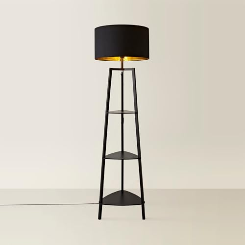 MiniSun | Black Wooden 3 Tier Floor Lamp with Storage Shelves and Black/Gold Shade | Floor Lamps & Torchieres, Home Décor, Improvement & Lifestyle Essential