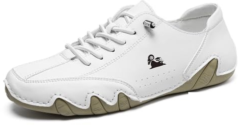 Herren Slip on Loafers Atmungsaktive Lederschuhe Fashion Lace up Boat Shoes Casual Flat Lightweight Sneakers with Rubber Soles（Weiß,47 EU