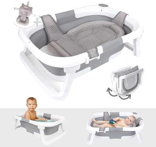 BEBELEH™ Hopfällbart babybadkar – badkar + babybadkar rem + rem för nyfödd – babybadkar nyfödd till småbarn 0-24 månader – det ultimata resebabybadkaret och daglig användning! Grå