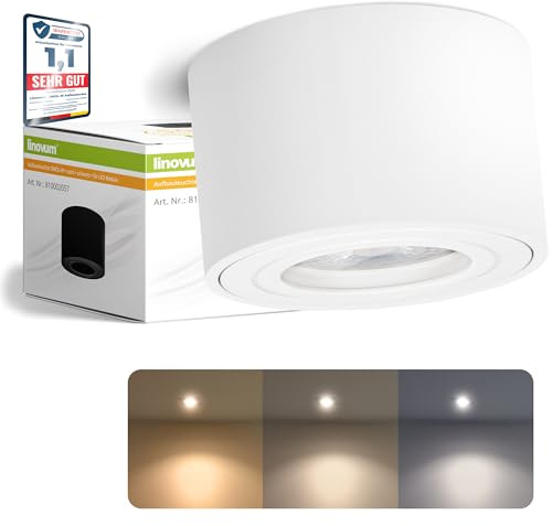linovum SMOL Aufbauspot weiß rund IP44 4W 3 Lichtfarben 65mm inkl LED | Flacher Deckenspot weiß IP44 - nur 65mm hoch, warm / neutral / kalt per Schalter, für Bad, Küche & Terrasse, inkl. LED-Modul