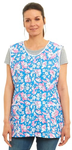 Tesmark Ladies Floral Buttons Through Design Piping Tabard Apron Overalls Front Pockets Stylish Tabards for Women Casual Aprons for Women to Use in Home Kitchen Restaurants Coffee Shops UK Made