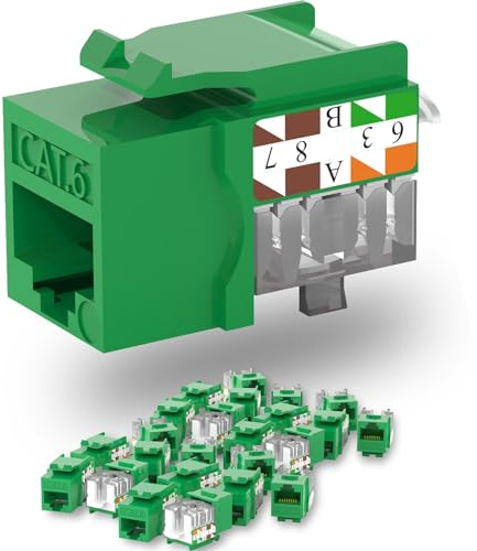 Lysymixs Keystone Jack Cat6 Slim 25 Pack, Cat6 Keystone Jacks 90 Degree, RJ45 Jack Punch Down Green, Compatiable for Network WallPlate or Patch Panels