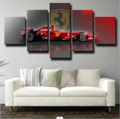 FatAco 5 Stück Wandkunst Leinwanddrucke Formel 1 Ferrar Rot Bild Malerei Moderne gestreckt gerahmte Wand Kunstwerk für Badezimmer Home Office Decor