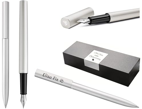 Pelikan Ineo® Elements Füllhalter und Kugelschreiber mit Gravur Geschenk Premium Stift | Geschenkbox | blaue Mine | personalisiertes Geschenk | Namen graviert | Geburtstag (Silber)