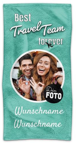 Print Royal PR Personalisiertes Handtuch mit Foto Bedrucken - Travel Team - Handtuch mit Namen Bedrucken - Camping, Geschenk für Freunde, Familie, Camper | Individuelles Fotohandtuch - 100 x 50 cm