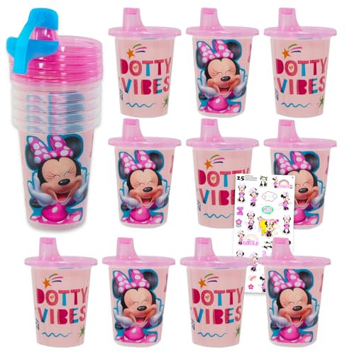Disney Minnie Mouse Sippy Cup Set - Bundle with 10 Minnie Mouse Disposable Spill-Proof, Leak-Proof, BPA-Free Sippy Cups To-Go and Stickers