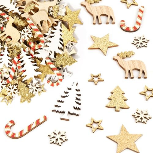 BOFUNX 108 Stücke Weihnachten Streudeko Mini Holzdeko Glitzer Weihnachtsdeko Klein Holz Konfetti für Weihnachten Deko Tischdeko DIY Handwerk