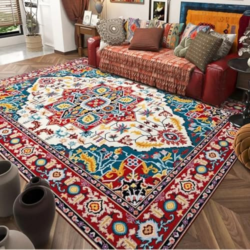 AAFUOO Boho-Teppiche, waschbarer Teppich, rutschfest, rot, Orientteppich, Bohemian-Vintage-Blumenmuster, niedriger Flor, großer Teppich, ethnischer Akzentteppich für Wohnzimmer, 40 x 60 cm