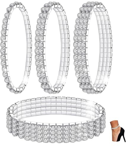 Kucheed Funkeln Diamant Fußkettchen für Frauen, Elastischer Kristall Silber-Ton Funkelnde Charm Fuß Schmuck Armreif,Bling Glänzende Strass Braut Tennis Armband Geschenk