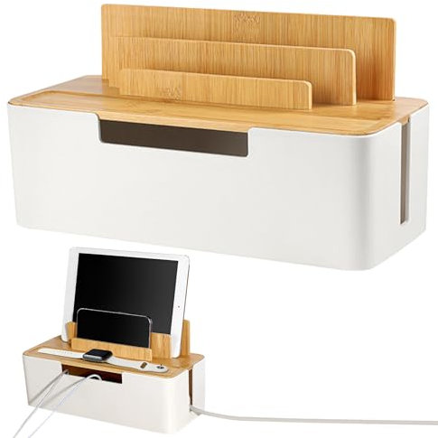 Kabelmanagement Organizer, Kabelaufbewahrung Box, Kabelsortierer Box mit Holzdeckel, Kabelmanagement Box Cord Organizer, Desktop Kabel Organizer für Telefone Tablets Smartwatches Computer (Weiß)