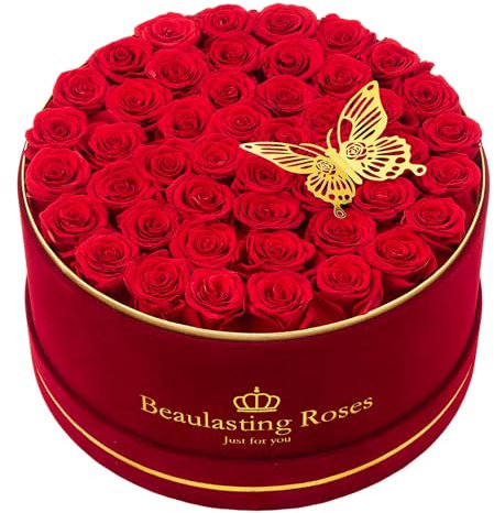 Beaulasting Roses 47-teilige Forever Flowers-Rosen in einer Box, Blumen zur Lieferung, erstklassige, konservierte echte Rosen, Geschenk für Ehefrau, Muttertag, Valentinstag (rote Rosen, burgunderrote