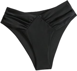 GORGLITTER Women's V Cut High Waist Hipster Bikini Bottoms Ruched Stretchy Sexy Swimsuit Bottom Black Medium