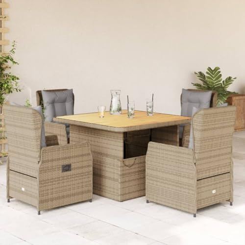 IKAYAA Rattan Essgruppe für 4 Personen, Rattan Gartenmöbel Essgruppe, Gartenmöbel Set mit Verstellbare Tisch und 4 Verstellbare Hochlehner Stühlen, Garten Sitzgruppe Beige und Grau Type-3