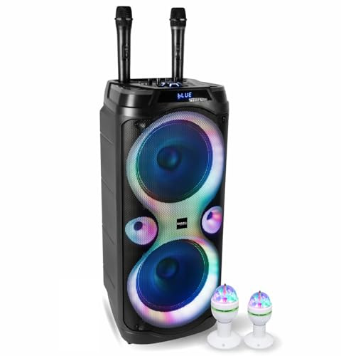 Ibiza Sound - Pack de altavoz Karaoke (1000 W, Bluetooth TWS, 1000 W, 2 micrófonos inalámbricos, 2 efectos de luz giratoria, noche