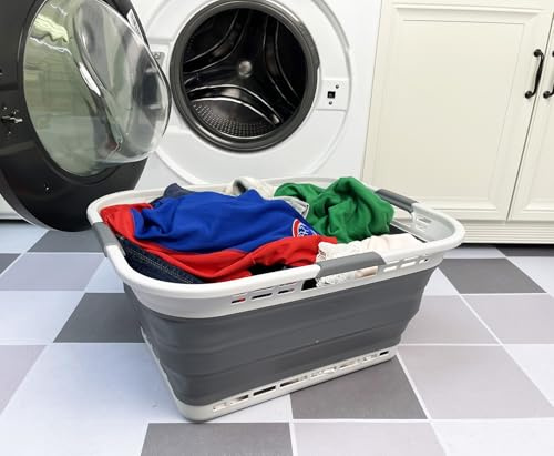 SAMMART Zusammenklappbarer Aufbewahrungskorb aus Kunststoff – Faltbarer Pop-Up-Aufbewahrungsbehälter/-korb – Tragbarer Wäsche-Organizer – Platzsparend (Grau/Stahlgrau, 42L (Stil B))