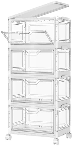 StowBin Storage Boxes with Lid - Plastic Storage Bins with 1 Lid,28L*4Tier Clear Stackable Storage Boxes with Wheels,Large Bins Organizer for Bedroom Living Room Bathroom, Clear