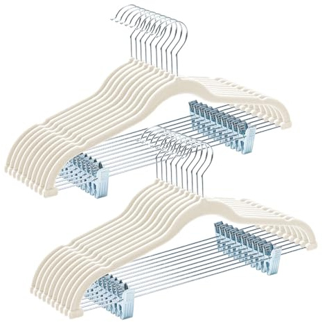 HOUSE DAY Velvet Hangers with Adjustable Clips 20 Pack, Non-Slip Suit Organizer with 360° Hook - Heavy Duty Hanger for Pants, Skirts, Blouses, Dresses - Outfit Hangers All-Season Space Saver (Ivory)