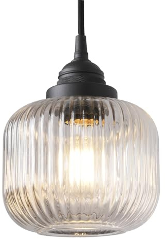 SongCiLT Vintage Ceiling Pendant Light with Clear Ribbed Glass Lampshade | Industrial Globe Hanging Light Fixture for Kitchen Island Hallway Dining Room Stairway, Metal Base Flex Cloth Cable