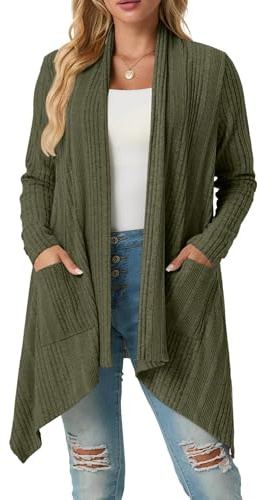 GRECERELLE Womens Cardigans Ribbed Knit Long Sleeve Lightweight Fall Winter Casual Shawl Collar Irregular Hem Cardigan for Ladies with Pockets