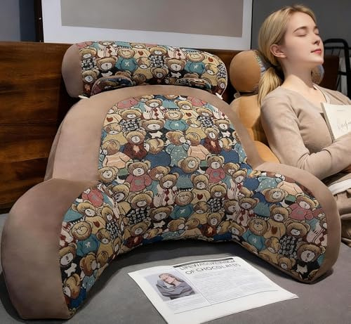 LANPEW Lesekissen Rückenkissen Bär Braun 70x50cm, Baumwolle für Bett Sofa | abnehmbare Nackenrolle waschbarer Bezug atmungsaktiv ergonomisch Rückenstütze Nackenstütze für Erwachsene Gaming