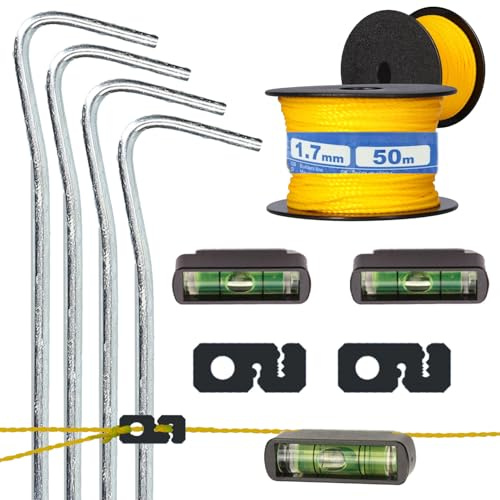 Maurerschnur Set bestehend aus Maurerschnur 50m x 1,7mm (Richtschnur) Maurerschnurspanner (Schnurspanner) mobile Schnurwasserwage und Erdnägel (Erdnagel)