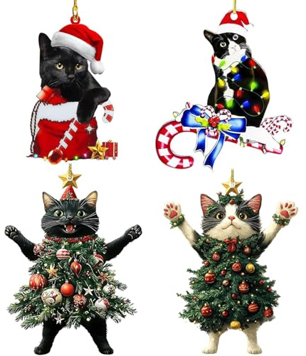 Cat Christmas Tree Decorations, 4Pcs Black of Friday Cat Christmas Tree Ornaments, 2D Acrylic Xmas Stocking Fillers New Year Hanging Ornaments, Cute Black White Cats Xmas Decorations