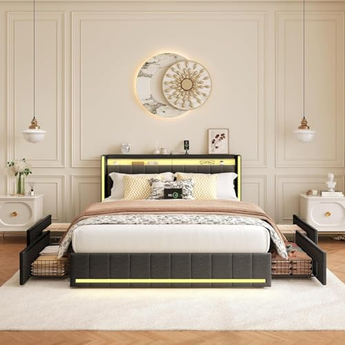 BRYXR Bett 180x200, Polsterbett Doppelbett mit LED-Kopfteil, USB-Ladefunktion und Lattenrost, 4 praktischen Schubladen und stilvollem Design,Ideal für jugendbett und Moderne Räume,Ohne Matratze