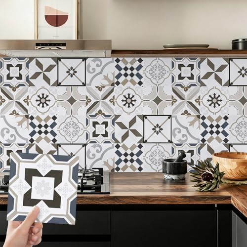 Abyssaly Azulejos adhesivos cocina y baño, Baldosas adhesivas pared Vinilo | 24 Piezas 15 x 15 cm Marrón Grisáceo PVC Impermeables Pegatinas Azulejos para Salpicadero Cocina Baño Patrón de Mosaico