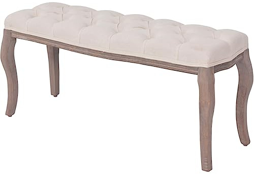 Fangmaliuyun Sitzbank 110x38x48 cm cremeweiß Leinen-Polsterung & Massivholz, antiker Charme, gefederte Polsterbank für Flur, Schlafzimmer und Esszimmer
