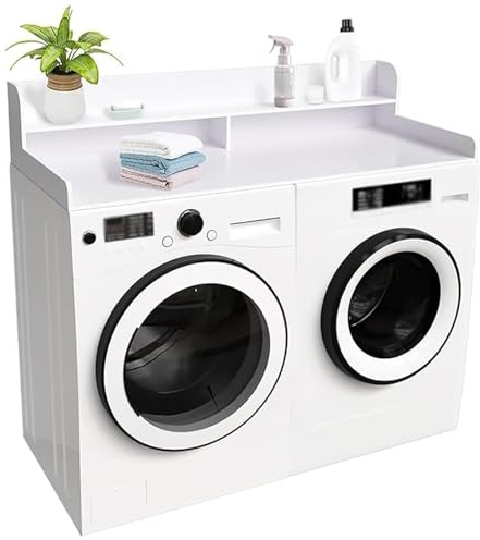 Plan de Travail Machine à Laver et Seche Linge avec Étagère, Étagère Double Niveau pour Lave-linge et Sèche-linge, 137 x 70 cm, pour Buanderie(White)