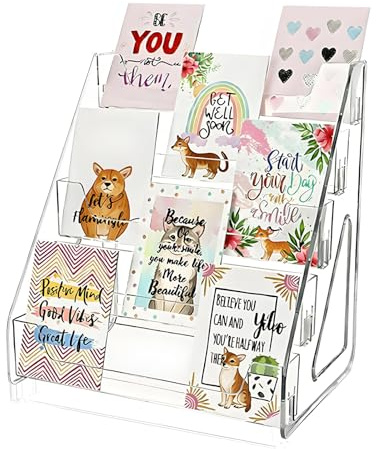 RTSHUK 5 Tier Acrylic Card Display Stand, 33×30.5×21.5 cm Greeting Card Display Stand Magazine Organizer Rack Clear Postercard Holder Brochure Holder for CD Sports Cards Sticker