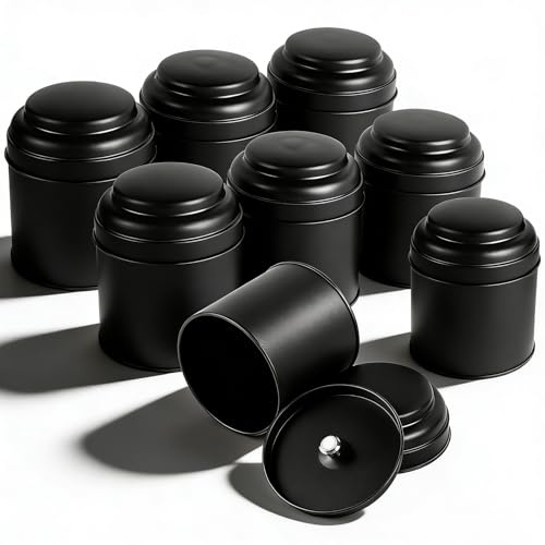 lalago 8 Pièce Boîtes à Thé Hermétiques à Double Couvercle Noir, Boîtes en Métal Rondes en Vrac 250ml, Mini-Boîtes de Rangement pour Thé pour le Stockage de Café, Sucre, Feuilles en Vrac