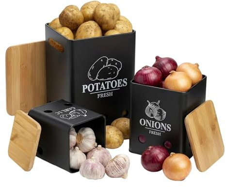 Vexnaro 3er Set Kartoffel Aufbewahrungsbox, mit Bambusdeckel, Hält Gemüse Länger Frisch, Aufbewahrung Kartoffeln Zwiebeln Knoblauch, Nistbar & Stapelbar, für Küche, Speisekammer (Schwarz)