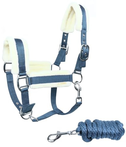 JA Horse JA4006 Premium verstellbar Halfter Set Karabiner, Hellblau, Cob | 3-Fach Verstellung inkl. Führstrick, Weich gepolstertes Stallhalfter, Verstellbarer Kinnriemen und Karabinerhaken
