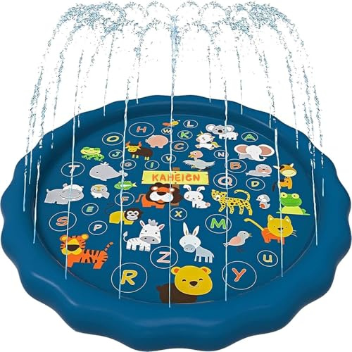 KAHEIGN Splash Pad 170cm Wasserspielmatte – Wassersprinkler Kinder Sprinklermatte für Sommer Garten & Outdoor – Mit Alphabet (A–Z) und Tiermotiven Wasserspielzeug für Kinder, Haustiere & Familie