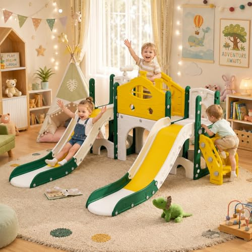 Scivolo per bambini 7 in 1, Scivolo per interni ed esterni con vialetto, scala, cornice a sfere, telescopio, scivolo lungo e struttura di arrampicata autoportante,giallo 203 x 166 x 96,5